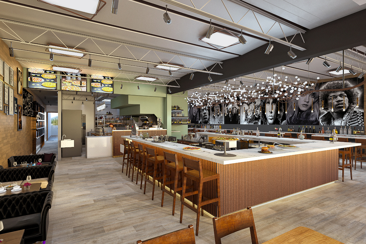 Image of pizza restaurant interior with booth seating, large wrap-around bar with bar stools and musical artist artwork on walls