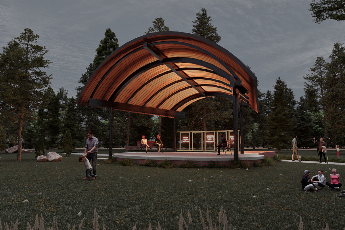 Image of public band shelter with lit half cylinder roof and steel support beams