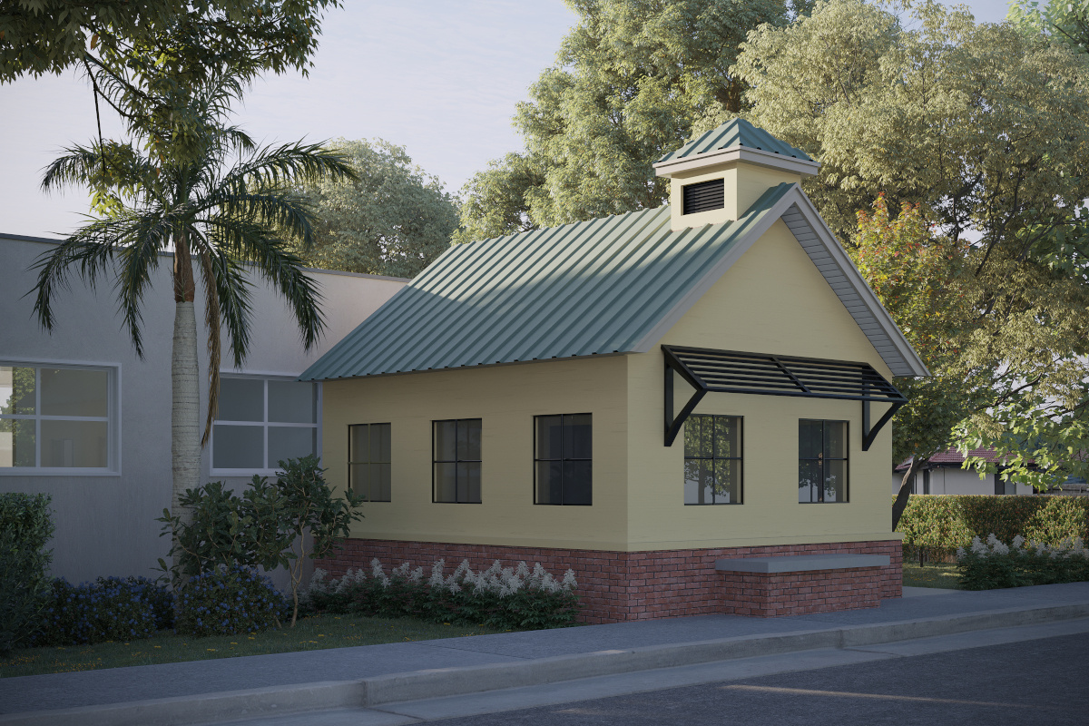 Image of public wellhouse with brick and stucco walls and green sloped steel roof