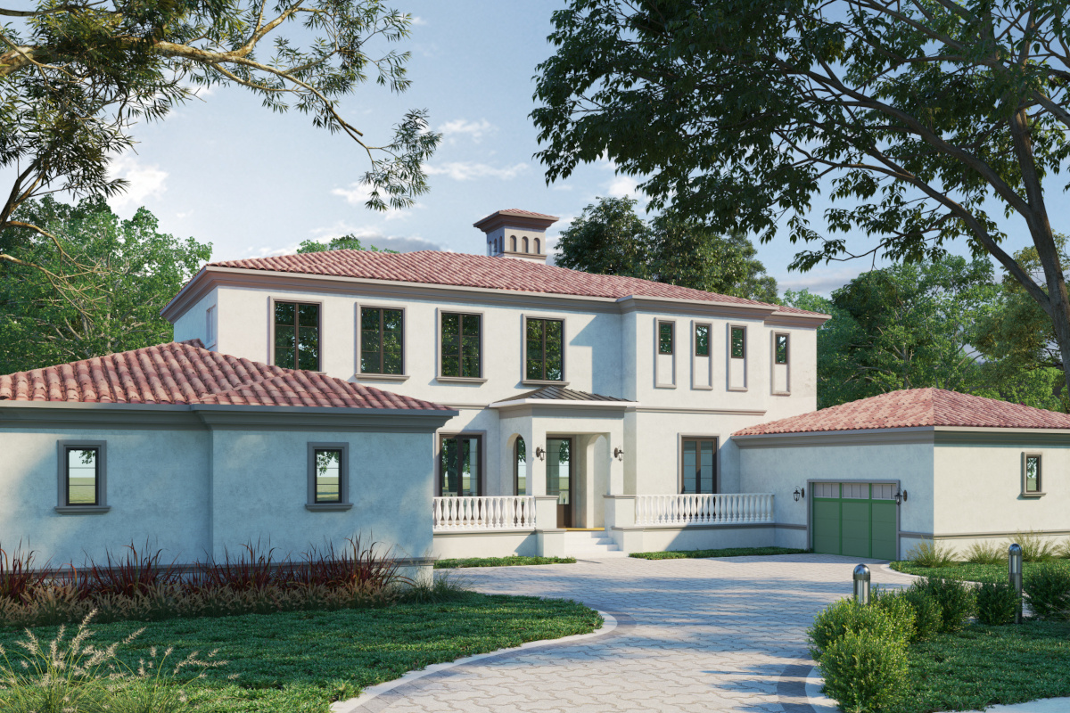 Image of beautiful white modern italianate home with dark bronze trim, red tile roof, and green garage doors