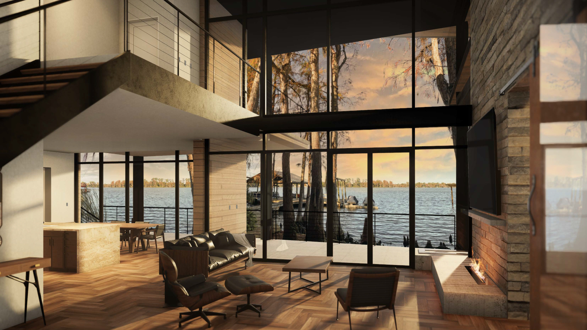 Image of modern waterfront home interior with two story windows facing lake and mid-century modern furniture in the living room with fireplace and TV