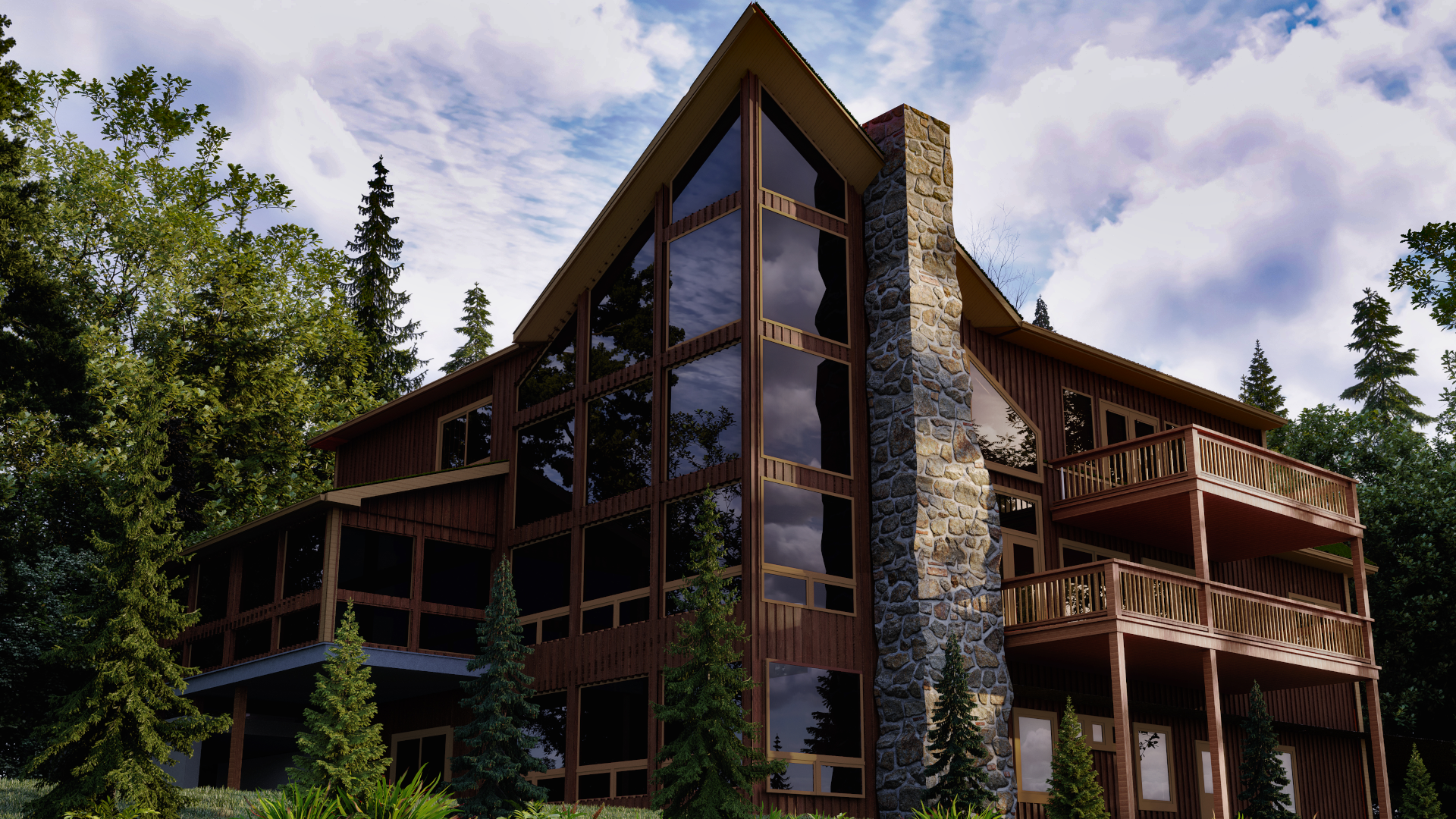 Image of wooden mountain top home with sharp angles and large windows