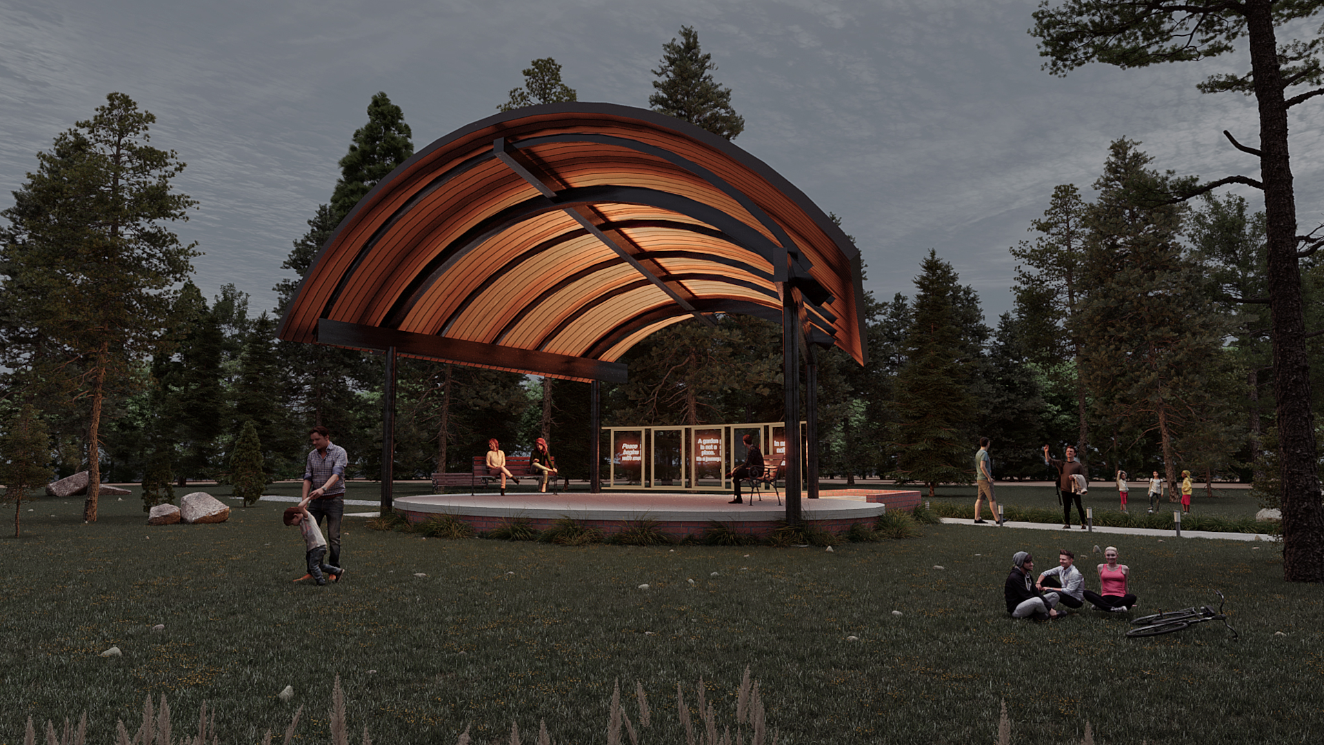 Image of outdoor band shelter in park at night, with lighting and lit feature panels