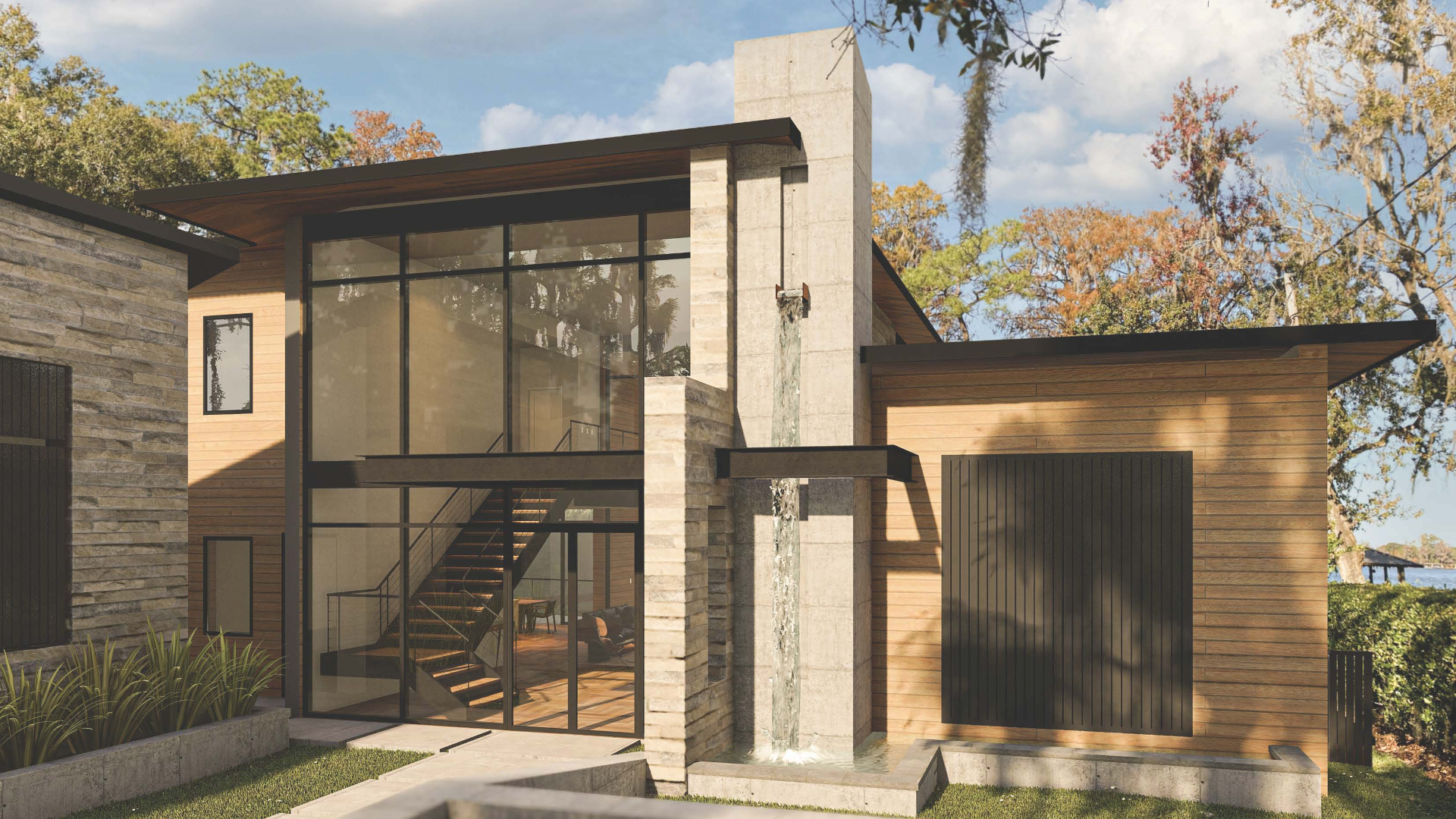 Image of waterfront home with wood siding, large storefront windows and two story waterfall