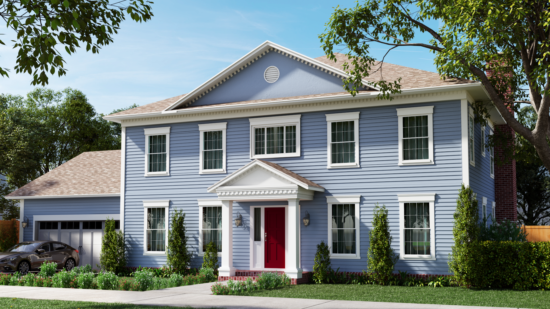 South Tampa Colonial Home - Banner Image - Blue house with white trim and red front door