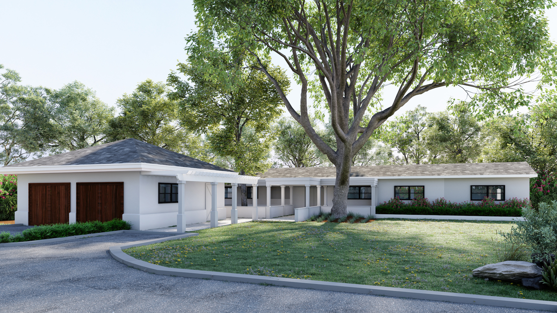 Terms of use page - Banner image of beautiful white house with black windows and wooden garage doors