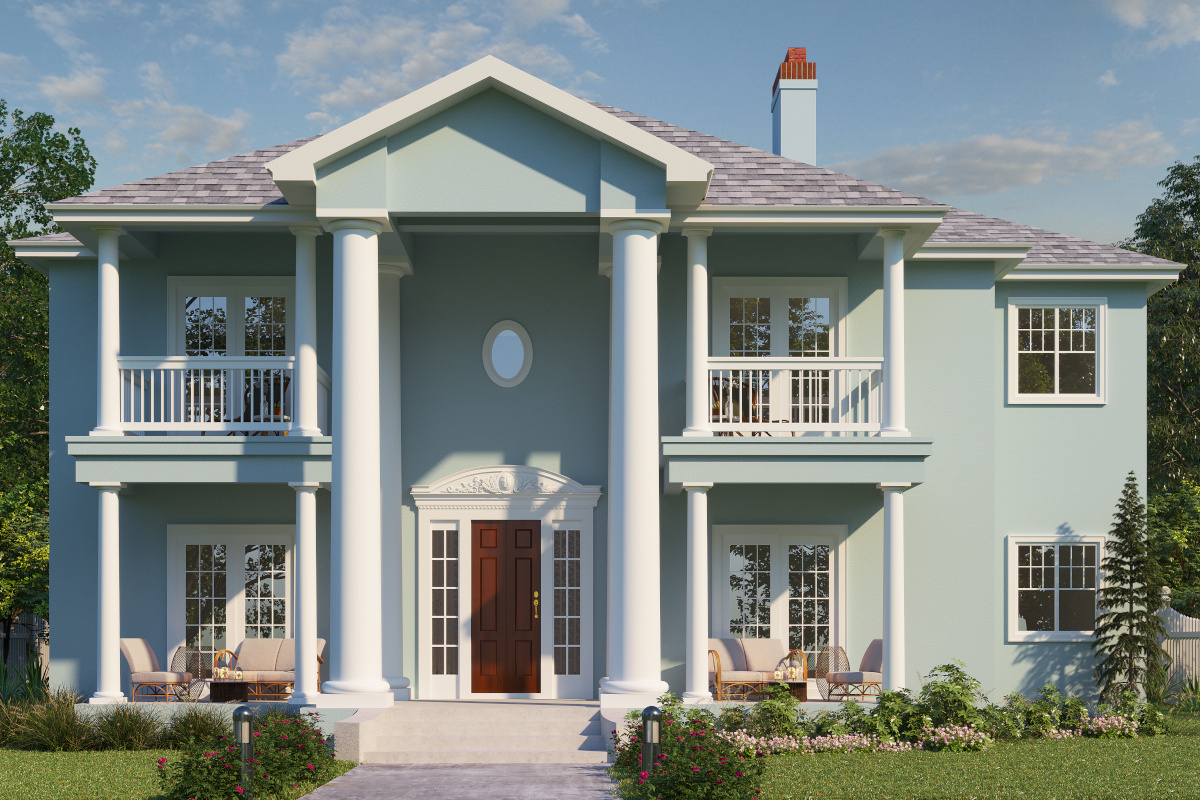 Image of historic home with large white two story pillars and gabled roofs