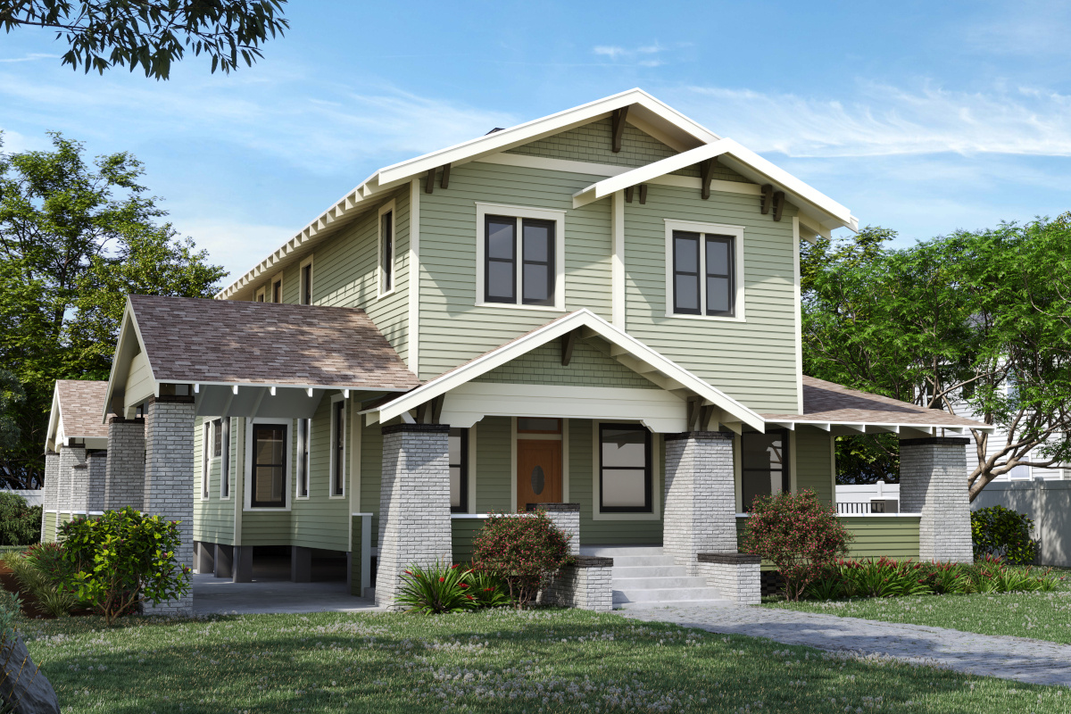 Image of historic green craftsman style home with multiple gabled roof lines