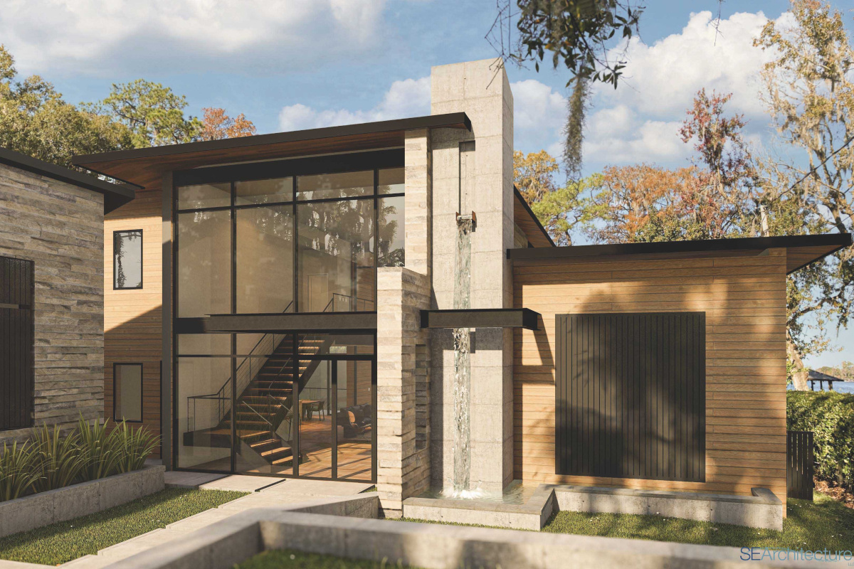 Image of modern home front exterior with stone work, large two story windows, wood siding and two story waterfall