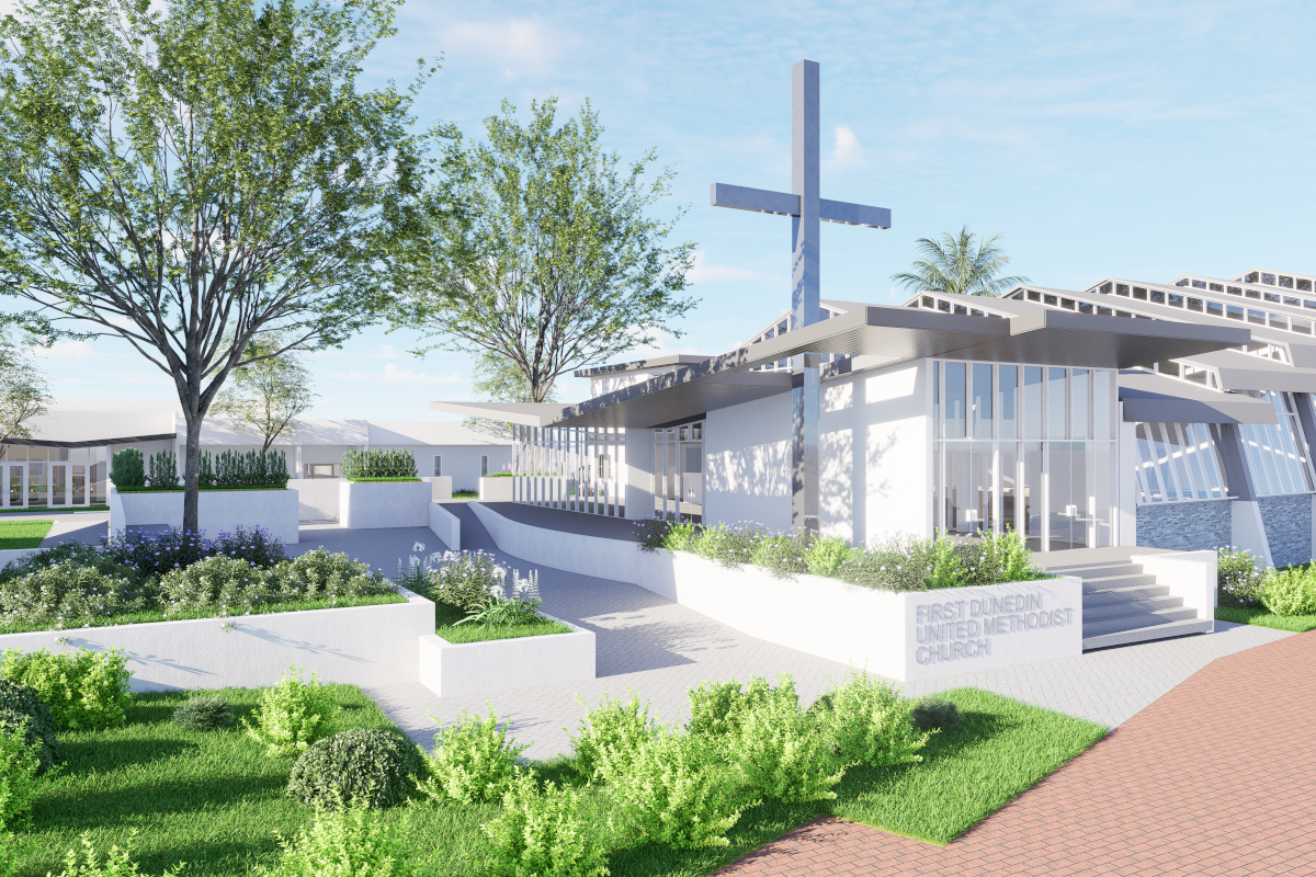 Image of church with modern style renovation work including expansive windows and a peaceful prayer garden