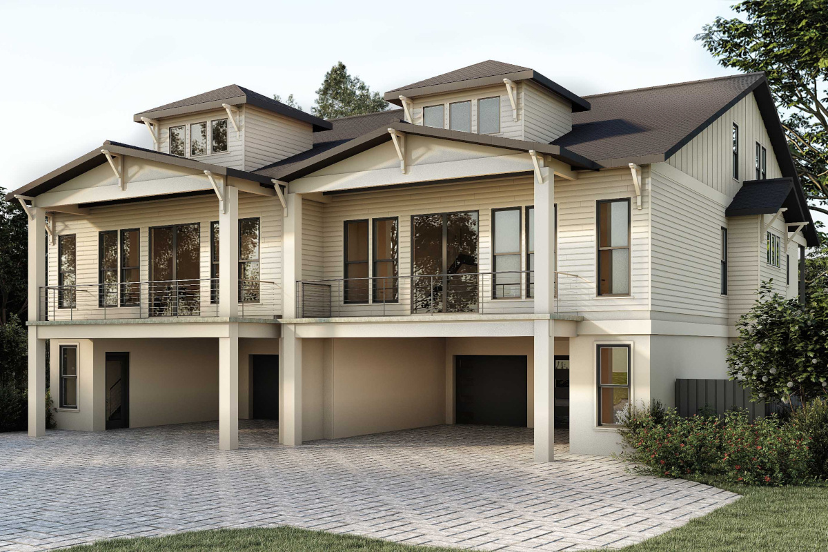 Image of three story, two unit townhomes in the modern craftsman style