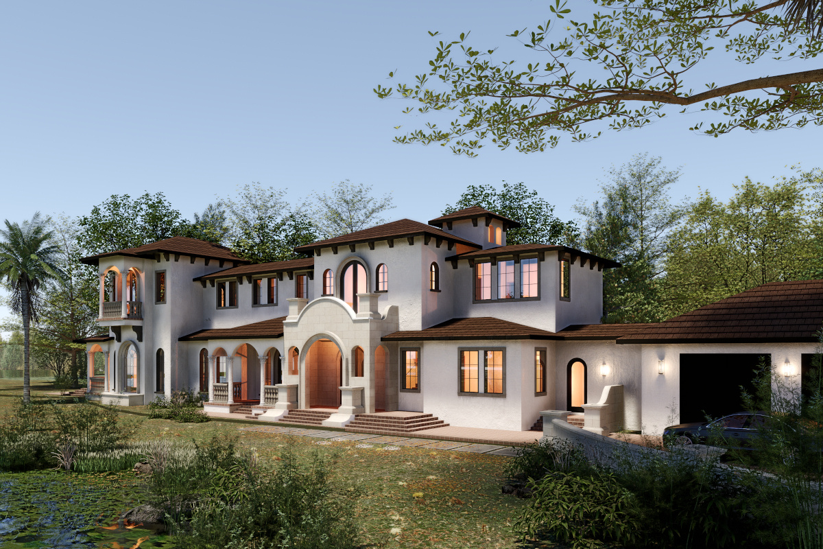 Image of mediterranean style two story home with many arched windows and door entries