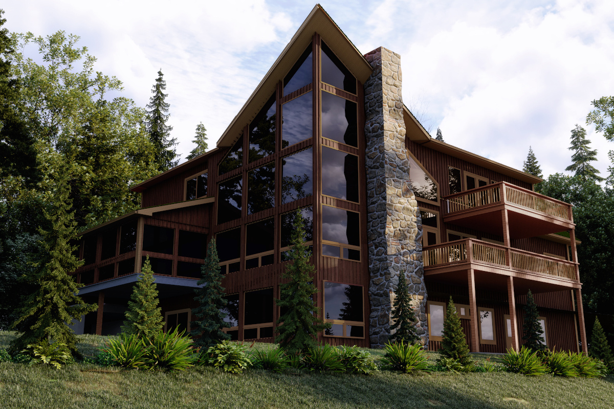 Image of wood and stone modern mountain top home with two story balconies