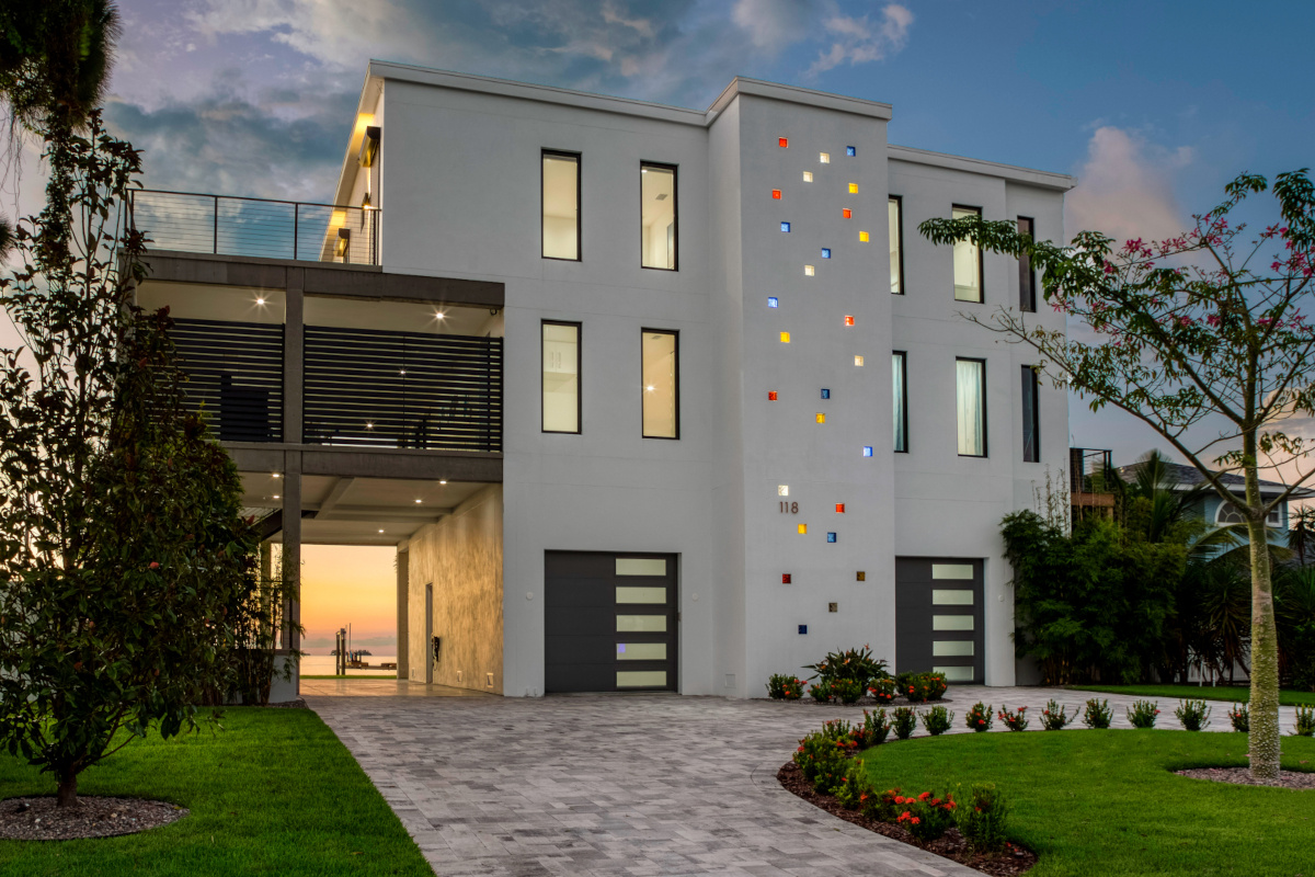 Image of white modern house with custom glass blocks going up stairwell