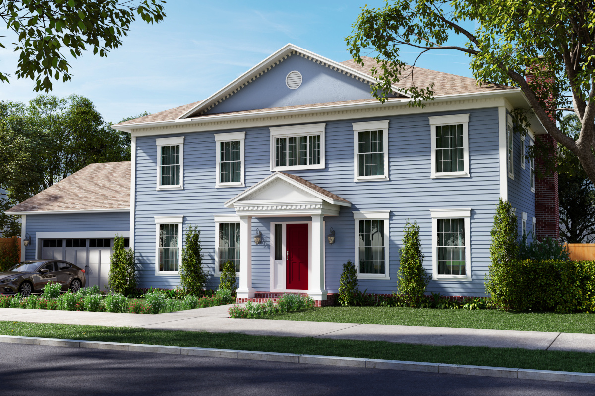 Image of colonial home with light blue siding, white trim work and a red front door