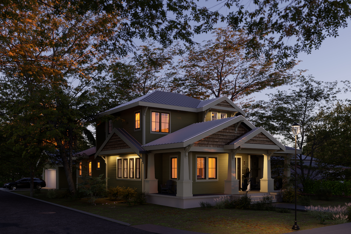 Image of a new home in a traditional craftsman style in the evening Image of a new home in a traditional craftsman style in the evening